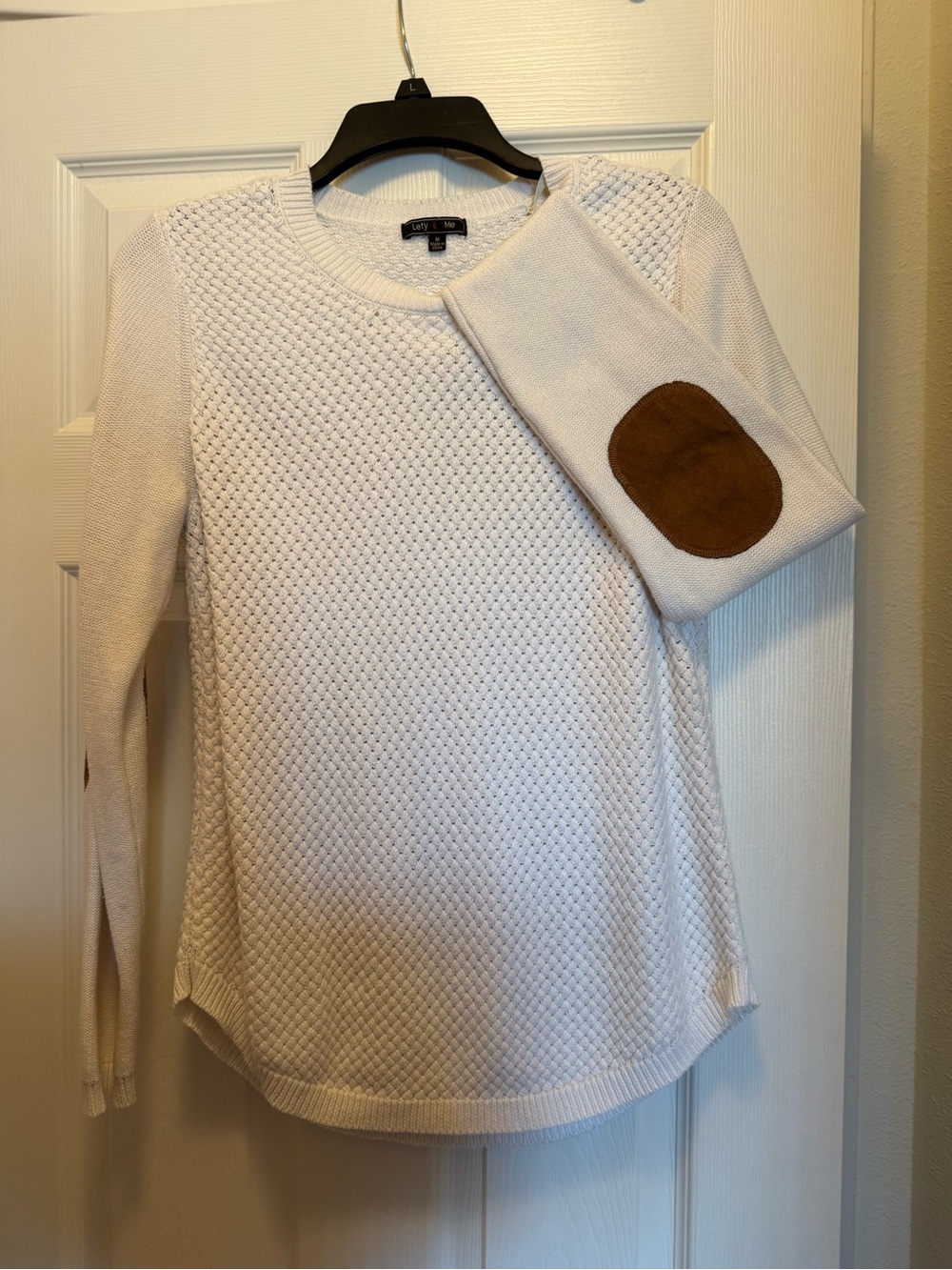 LOFT Cream Textured Knit Sweater with Brown Elbow Patches